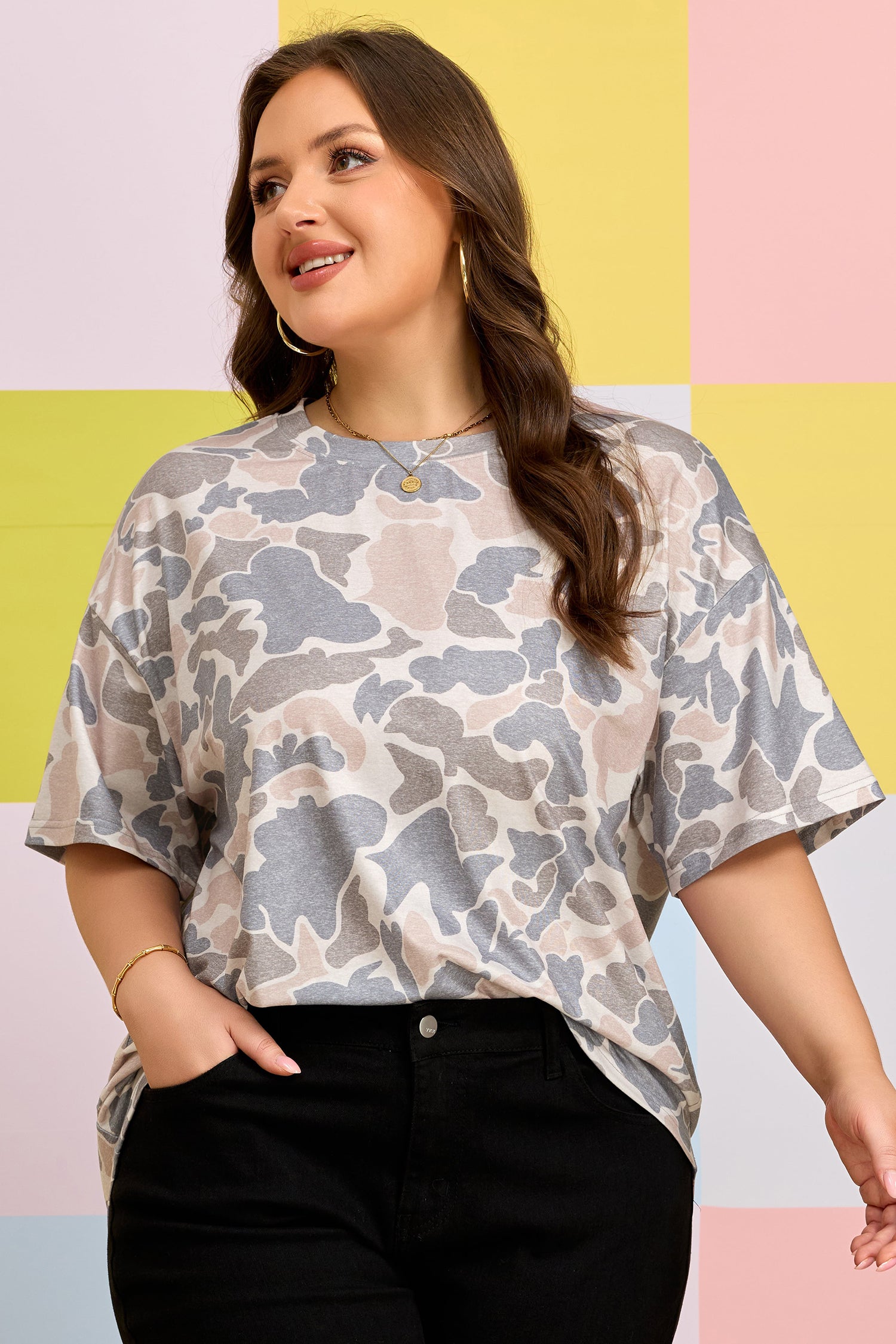 Multicolour Retro Camouflage Print Plus Size T Shirt