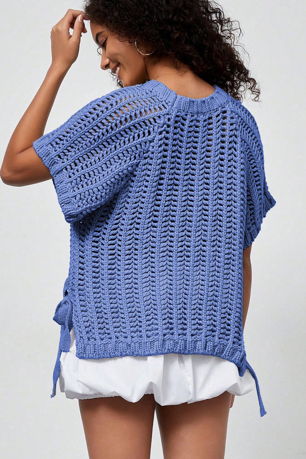 White Plus Size Open Knit Bow Tie Short Sleeve Sweater