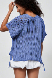 White Plus Size Open Knit Bow Tie Short Sleeve Sweater