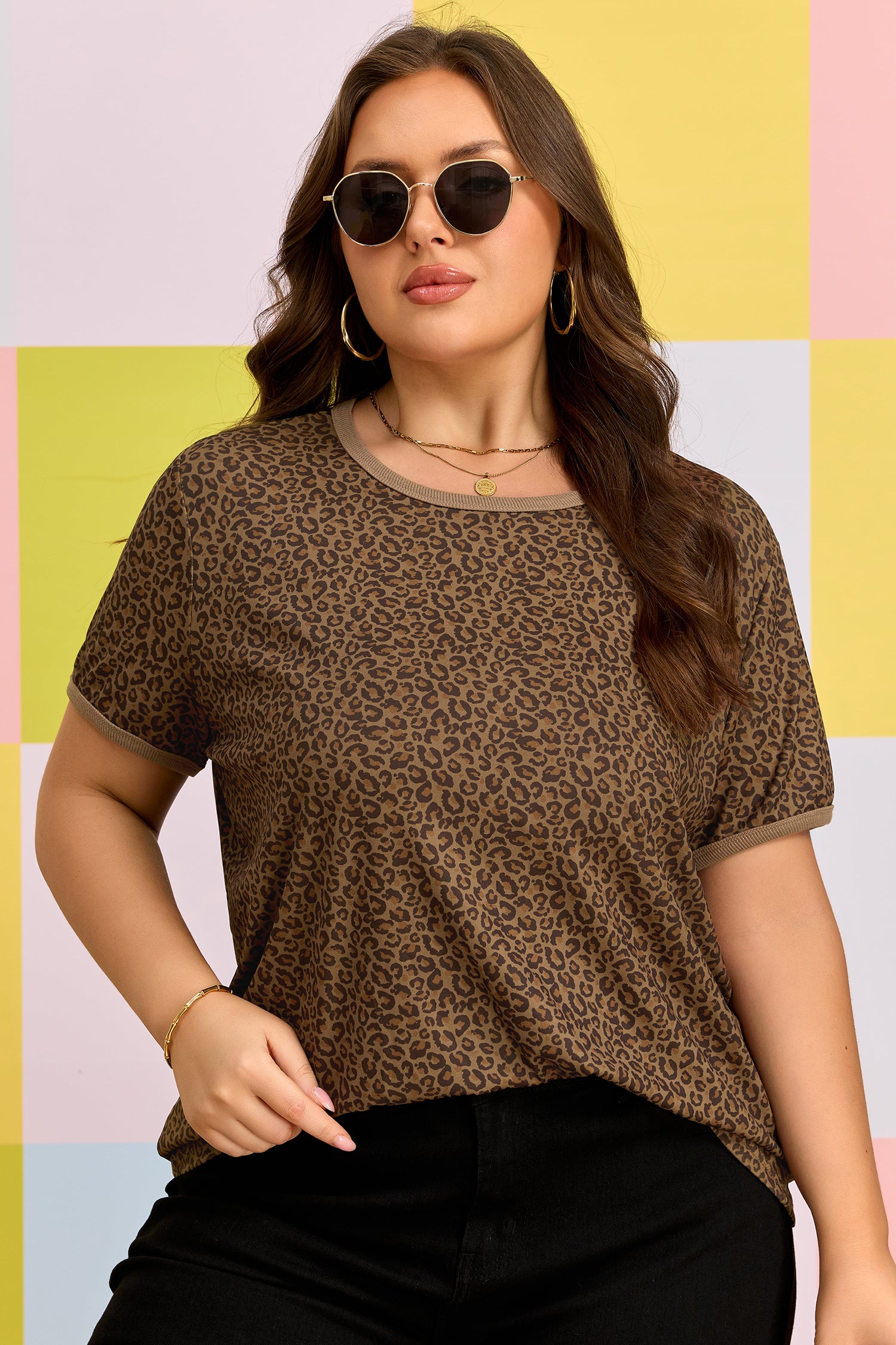 Khaki Plus Size Leopard Print Ribbed Trim Round Neck Tee