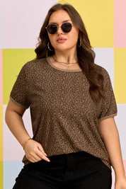 Khaki Plus Size Leopard Print Ribbed Trim Round Neck Tee