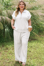 Light Grey Half Zip Polo Tee Loose Pants Plus Size 2pcs Outfit