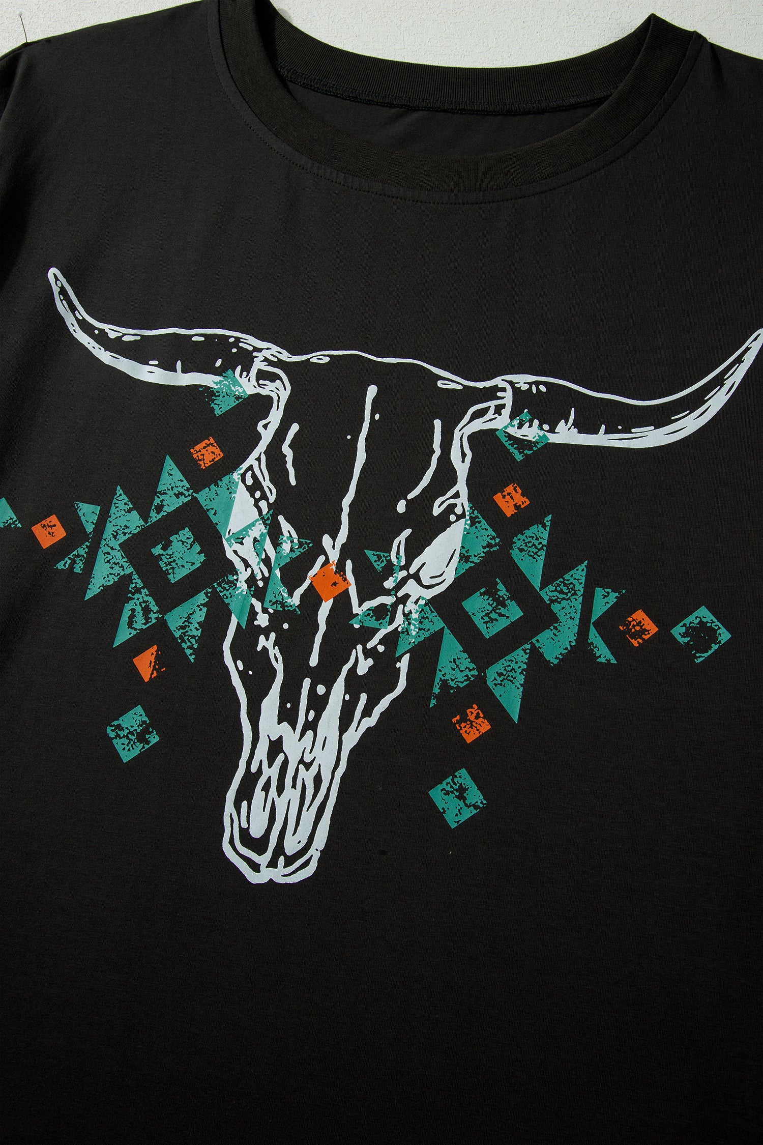 Carbon Grey Plus Size Western Aztec Bull Skull Printed T Shirt