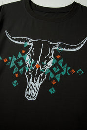 Carbon Grey Plus Size Western Aztec Bull Skull Printed T Shirt