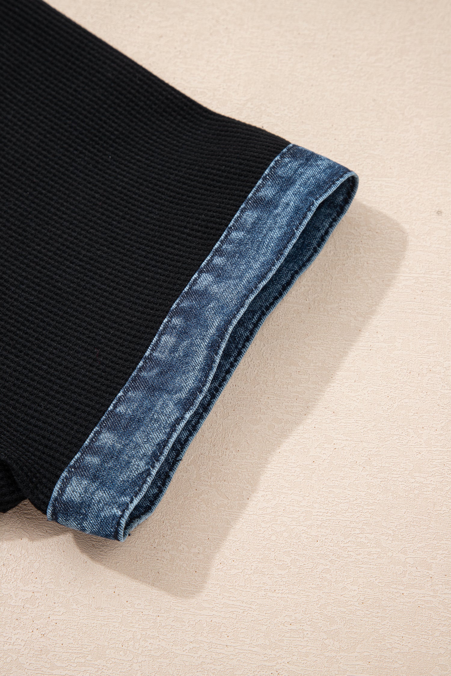 Black Plus Size Textured Contrast Denim Patchwork Button Polo Tee