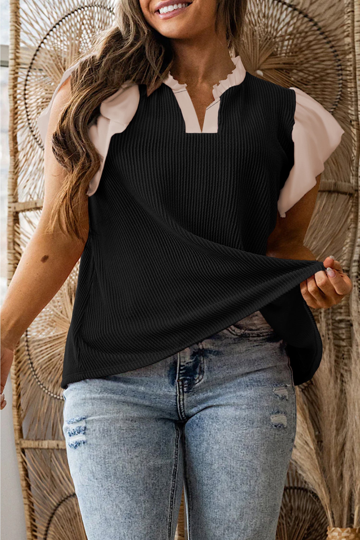 Vineyard Green Plus Size Contrast Frilled Neckline Ruffled Short Sleeve Ribbed Textured Blouse