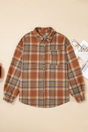 Brown Plaid Print Flap Pocket Buttoned Plus Size Shacket