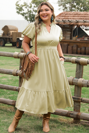 Laurel Green Notched V Neck Puff Sleeve Tiered Plus Size Maxi Dress