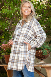 White Plaid Print Tunic Plus Size Shacket with Slits