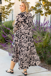 Black Plus Size Floral Printed Puff Sleeve Collared Maxi Dress