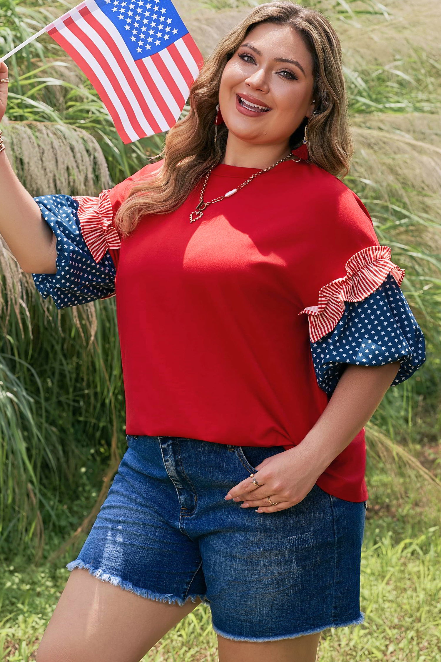 Fiery Red Plus Size Striped Ruffles Star Short Bubble Sleeve Patchwork Top
