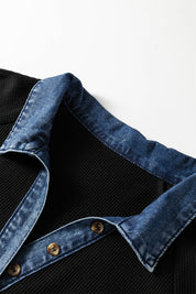 Black Colorblock Denim Collar Short Sleeve Plus Size Shift Dress