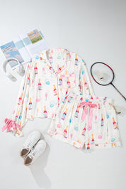 White Plus Size Wine Glass Print Bow Knot Pajama Set